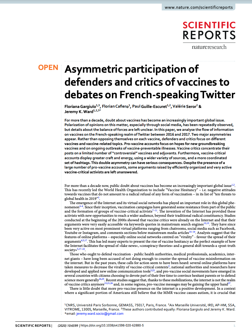 "Asymmetric participation of defenders and critics of vaccines to debates on french-speaking twitter"