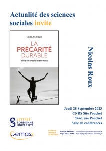 28 septembre 2023, première conférence du cycle "Actualité des sciences sociales" 2023-2024 : avec Nicolas Roux pour présenter son ouvrage "La précarité durable : Vivre en emploi discontinu"