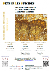 12 mars 2026, s&eacute;ance du s&eacute;minaire Penser les Suicides, organis&eacute; par Romain DAVIERE, Angeliki DRONGITI et Hadrien GUICHARD : Alexandre BARIL "Queeriser les approches du suicide"