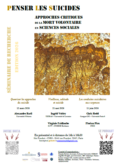 12 mars 2026, s&eacute;ance du s&eacute;minaire Penser les Suicides, organis&eacute; par Romain DAVIERE, Angeliki DRONGITI et Hadrien GUICHARD : Alexandre BARIL "Queeriser les approches du suicide"